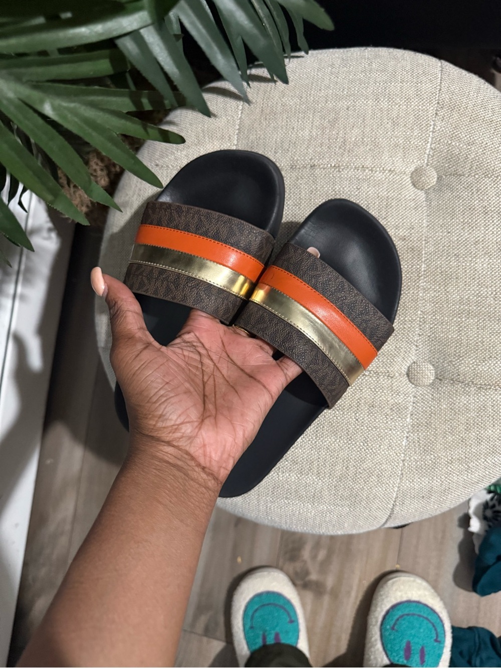 Michael Kors Signature Logo Slide Sandals with Orange and Gold Straps